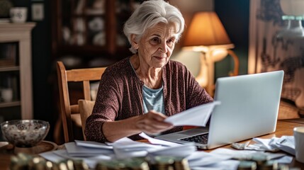Senior woman banking online with laptop and receipts