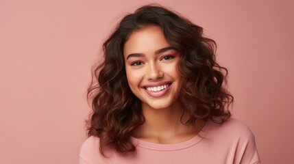 Fototapeta premium Beautiful model girl with long wavy and shiny hair . Brunette woman with curly hairstyle 