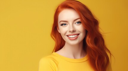 Fototapeta premium Closeup of a happy pretty redhead young woman with long wavy hair and freckles wearing a stylish t-shirt feels satisfied and looks confident isolated over a yellow background.