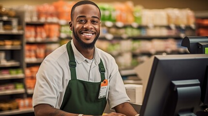 Fototapeta premium Smiling, young and attractive salesman, cashier serving customers.