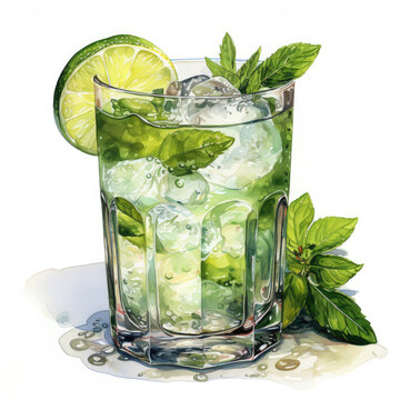watercolor mojito cocktail with lime and mint clip art preview