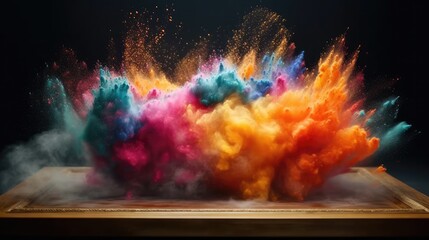 Colorful powder paint explosion on product display frame with neon lines and glowing lights. Futuristic wallpaper.  - obrazy, fototapety, plakaty