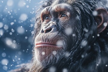 Monkey looking up at the falling snow . AI generative art
