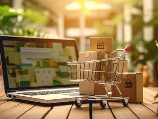 Product package boxes in cart with laptop computer which web store shop on screen for online shopping and delivery concept