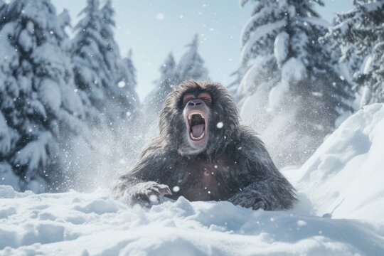 Portrait of monkey in winter landscape. AI generative art