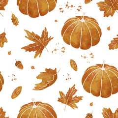 Hand drawn autumn seamless pattern. Pumpkins and autumn leaves pattern - 659645248