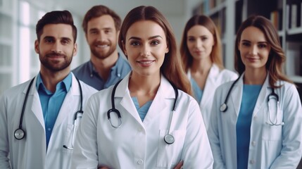 Female woman doctor nurse portrait shot smiling cheerful confident standing front row in medical training center.