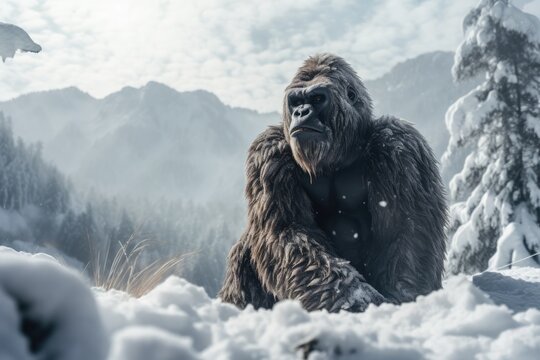 Portrait of gorilla in winter landscape. AI generative art