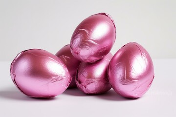 Pink foil-wrapped chocolate Easter eggs on white background. Generative AI