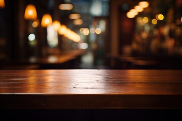 empty wooden table with blurred cafe bar background, product display background