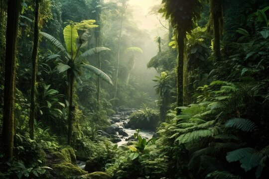 Image of a lush rainforest background. Generative AI