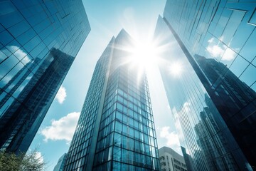 Fototapeta na wymiar Sunny day with glass skyscrapers, sunbeams, modern buildings. Generative AI
