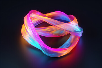 Neon fluorescent slingshots curling around on themselves on black background