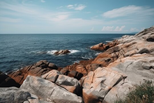 View of the sea and rocks from the high shore. Generative AI
