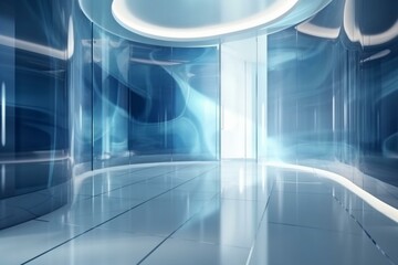 Illustration of abstract glossy glass walls and floor with curved geometric design. Generative AI