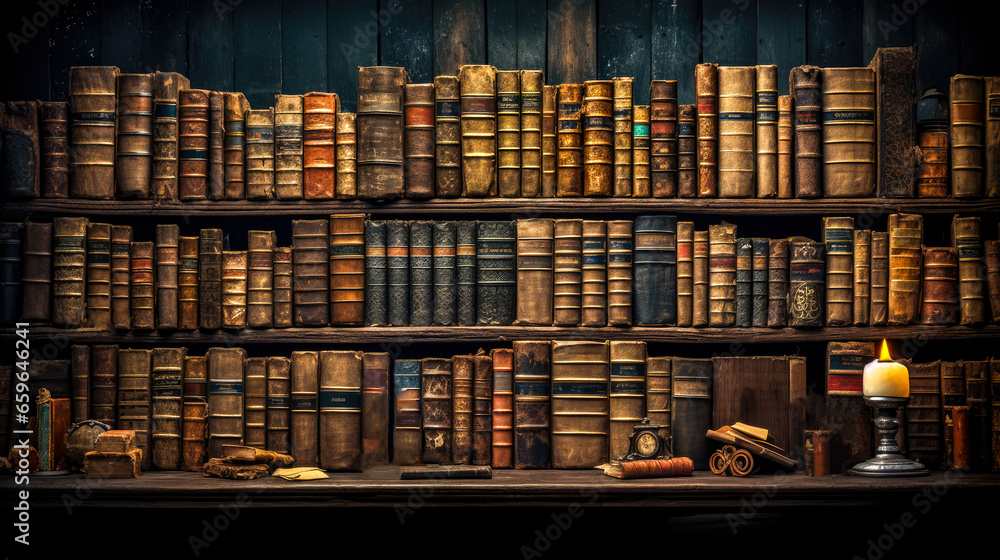 Poster old bookshelf with old books in a library. toned.