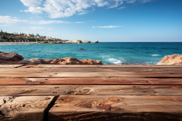 Fototapeta premium Wooden platform table over the sea