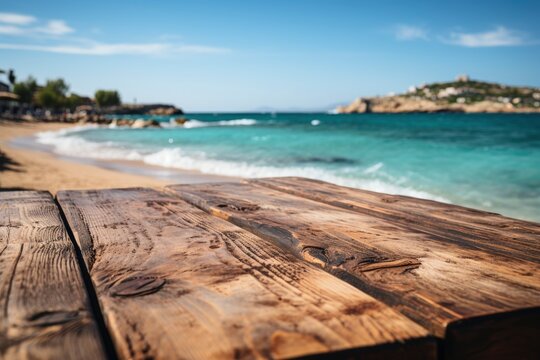 Wooden table on background with ocean on the border
