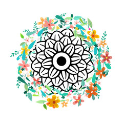 Black flower inside wreath isolated on white background - vector