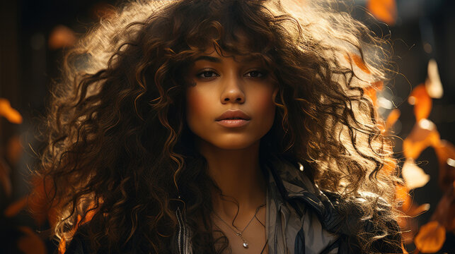 Photo of a Beautiful Mixed Race woman with long curly hair with Autumn Background