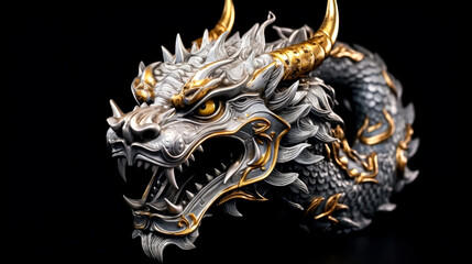 Dragon head on a black background, close-up, isolated.