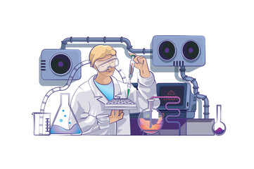 Science laboratory concept with people scene in flat cartoon design for web. Scientist makes chemical test in flasks, working in lab. Vector illustration for social media banner, marketing material.