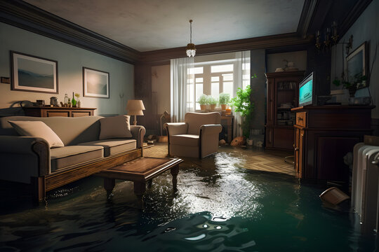 Flooded living room with water in a private house. High water level. Generative AI