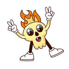 Groovy skull character with peace gesture vector illustration. Cartoon isolated retro Halloween sticker of psychedelic skull with arms and legs showing victory sign, trippy ghost mascot with fire