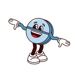 Groovy pill character vector illustration. Cartoon isolated trippy sticker of cute blue tablet for psychedelic trip with arms and legs, funny trippy dope of euphoria with happy smile on round face