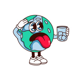 Groovy planet Earth character with thirst vector illustration. Cartoon isolated retro psychedelic sticker, planet mascot with exhaustion expression on face and tongue holding glass to drink water