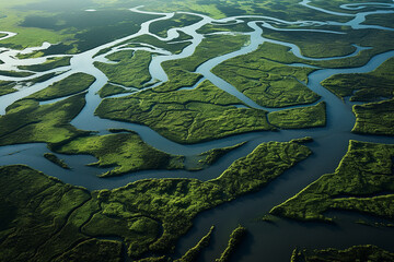 Aerial view of river delta with lush green. Aerial view of river meanders in the lush green vegetation of the delta - Powered by Adobe