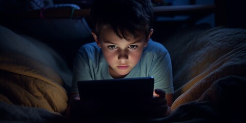 Young Boy Engages with a Tablet Under His Bed at Bedtime, Reflecting the Challenge of Digital Addiction and Excessive Screen Time in Today's Tech-Savvy Youth - obrazy, fototapety, plakaty