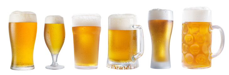 set of various glasses and mugs of beer isolated on transparent background
