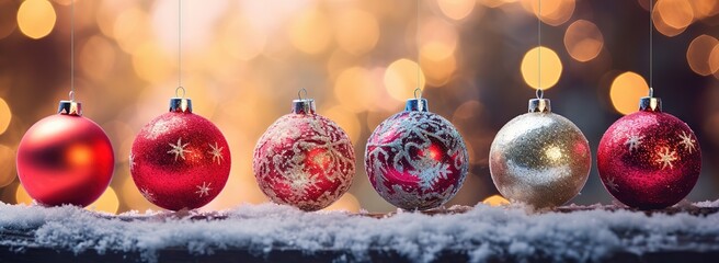 a row of christmas ornaments in the snow
