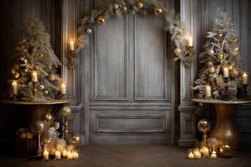 a doorway decorated for christmas with candles and decorations