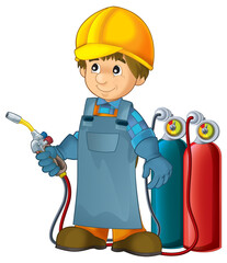 cartoon construction worker in some additional safety cover standing isolated illustration for children