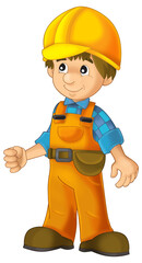 cartoon construction worker in safety costume cover standing isolated illustration for children