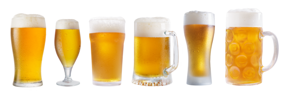 set of various glasses and mugs of beer isolated on transparent background
