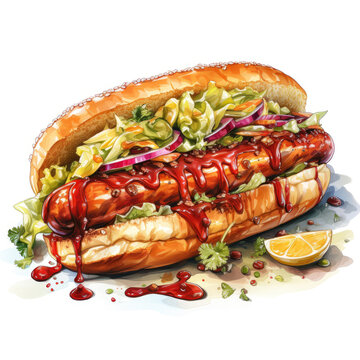 watercolor Hotdog clipart, Generative Ai