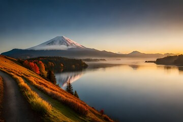 Fototapeta na wymiar Colorful Autumn Season and Mountain Fuji with morning fog and yellow leaves,.