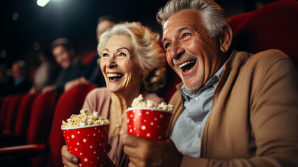 Cheerful senior couple with popcorn at cinema. elderly people.