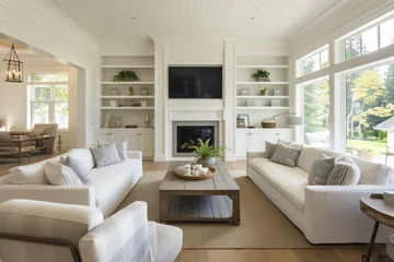 Foto op Canvas Stunning living room in a farmhouse style luxury home with hardwood floors, white shiplap walls, fireplace, and built-in TV. Generative AI © Maren