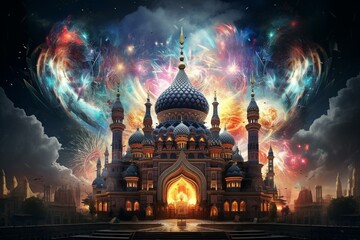 An elaborate mosque with vibrant burst. A digital artwork depicting a multicolored explosion. Generative AI