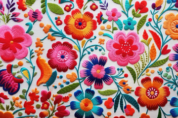 Colorful floral embroidery pattern backdrop. - obrazy, fototapety, plakaty