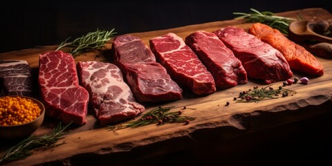 A Delectable Selection of Beef Cuts Presented on a Wooden Board, Showcasing the Culinary Artistry and Gastronomic Pleasure of Premium Meat Cuts - obrazy, fototapety, plakaty