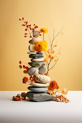 Fototapeta na wymiar Composition of balancing stones with dried flowers. Concept of balance, eco frendly.
