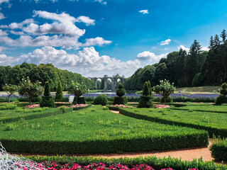 Panoramic view of the French flower garden and park of the Castle de Maintenon. France