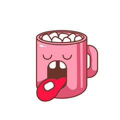 Groovy coffee cup with marshmallow character vector illustration. Cartoon isolated psychedelic retro sticker of hot chocolate mug with trippy face, funky open mouth and marshmallow candy on tongue