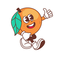 Groovy orange character with thumbs up vector illustration. Cartoon isolated psychedelic retro sticker of citrus fruit with leaf showing gesture of approval, orange mascot with arms and legs walking