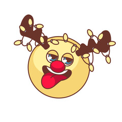 Groovy Christmas emoji with deer horns vector illustration. Cartoon isolated retro Xmas emoticon with psychedelic smile on face and tongue, hanging Christmas festive decor to celebrate holidays